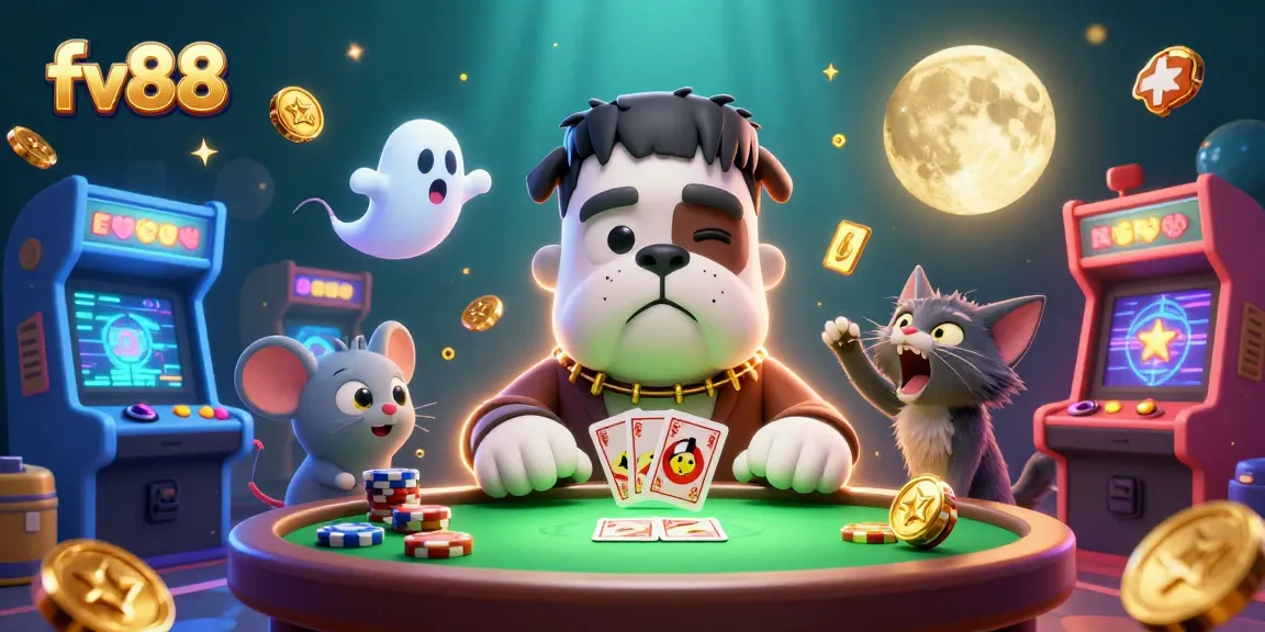 Engage with the fv88 online casino experience at an animated table involving quirky characters and vibrant gaming elements.