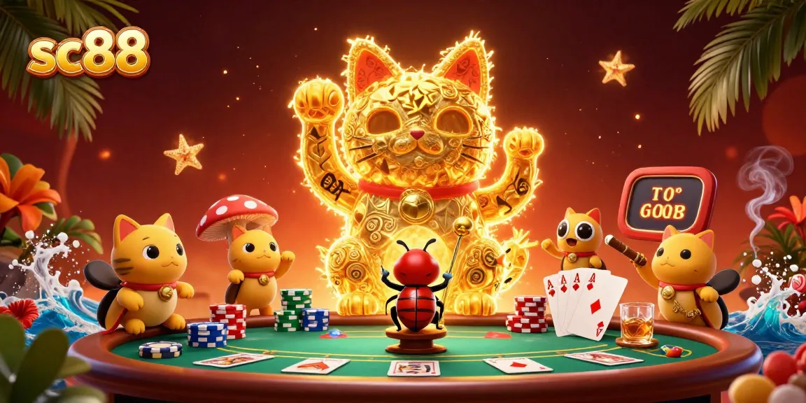 Experience sc88 with vibrant casino symbols and golden fireflies in this captivating 3D illustration.