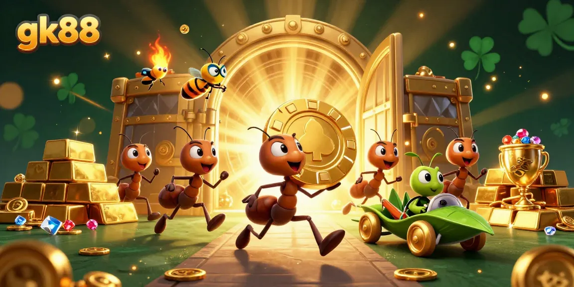 gk88 ants seize a giant poker chip amidst shining treasures in a 3D digital illustration.