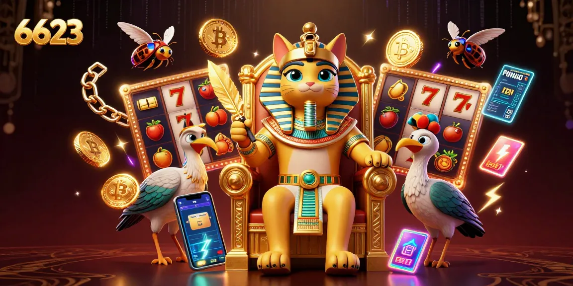 Spin the reels at 6623 casino, featuring the pharaoh cat and vibrant slot elements.