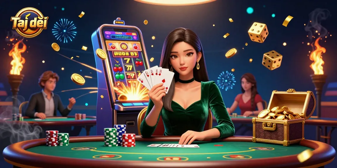 Engaging Tại đây casino scene with a beautiful woman at a poker table, surrounded by vibrant gaming elements.
