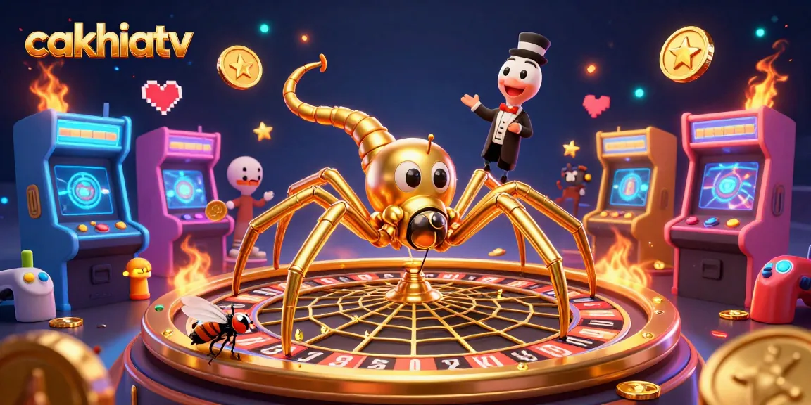 Experience cakhiatv with a golden spider spinning a roulette wheel, surrounded by vibrant gaming elements.