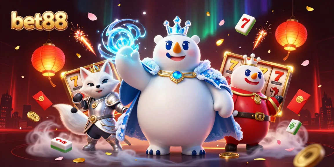 Bet88 spins the reels with a joyful ice king polar bear and a snow fox in a colorful casino scene.