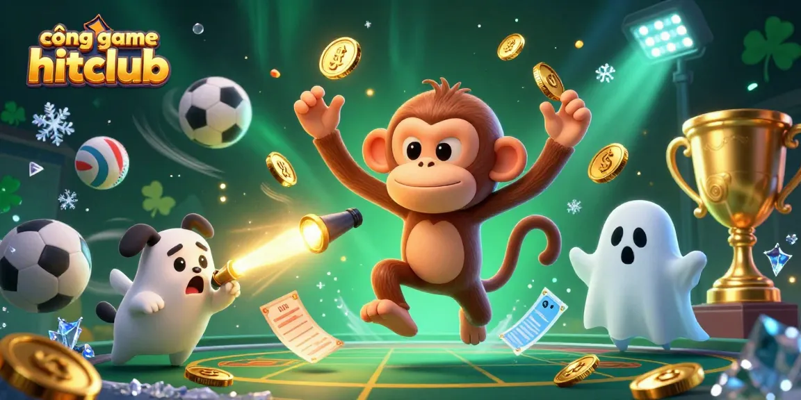Engaging scene in cổng game hitclub with ghostly monkey juggling golden objects and a curious puppy tracking it.