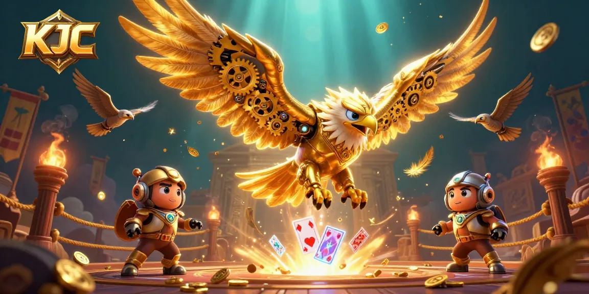 KJC integrates an ultra-detailed cybernetic eagle diving through holographic playing cards in a dynamic casino scene.
